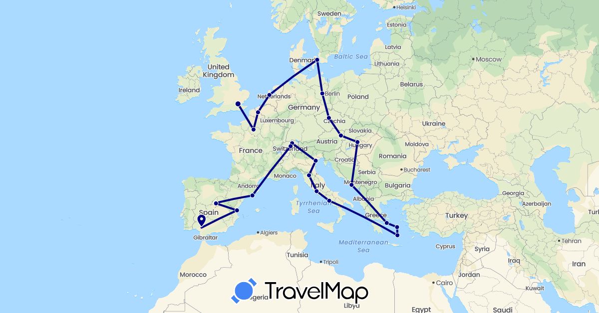 TravelMap itinerary: driving in Austria, Switzerland, Czech Republic, Germany, Denmark, Spain, France, United Kingdom, Greece, Croatia, Hungary, Italy, Netherlands (Europe)