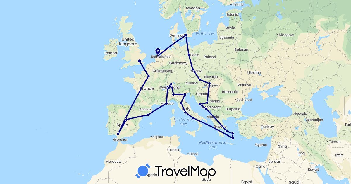 TravelMap itinerary: driving in Austria, Bosnia and Herzegovina, Switzerland, Czech Republic, Germany, Denmark, Spain, France, United Kingdom, Greece, Croatia, Hungary, Italy, Netherlands, Vatican City (Europe)